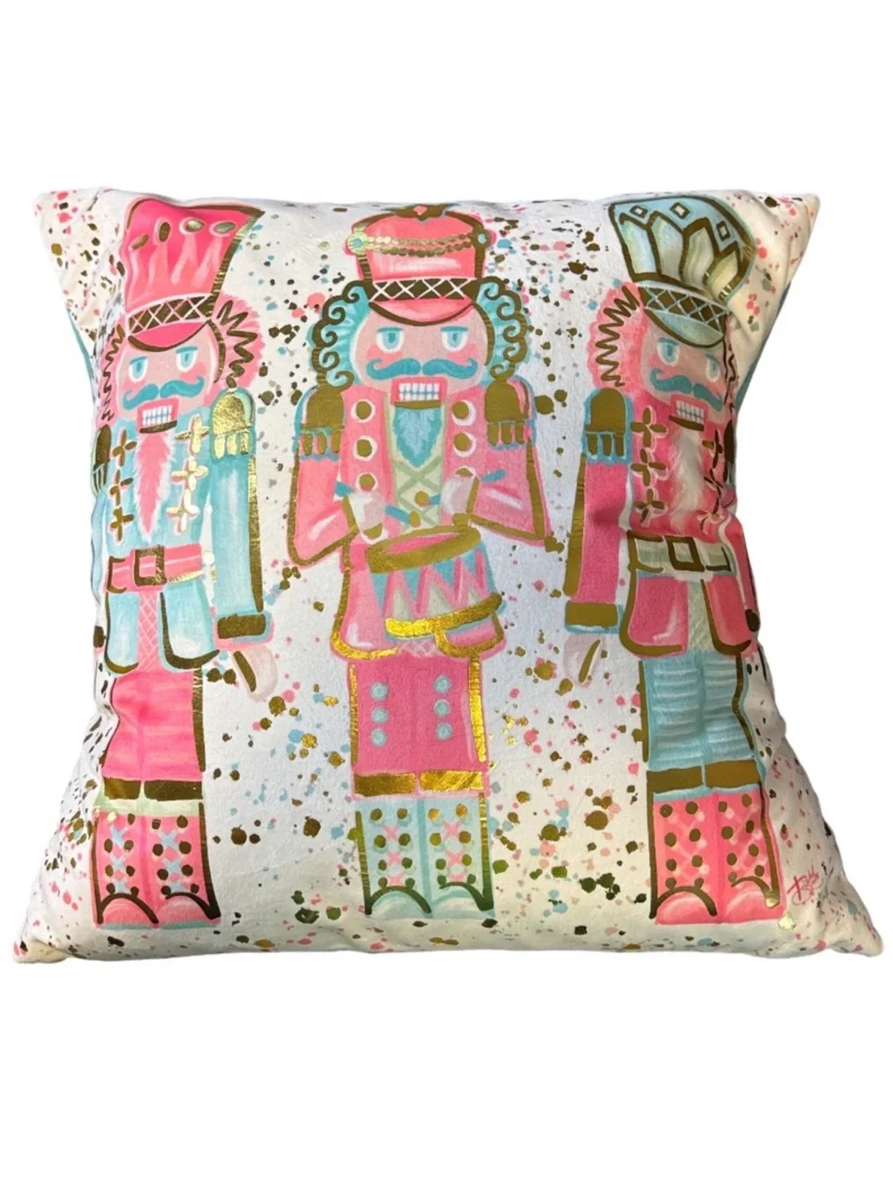 Rachel Brooks Design Gold Foil Nutcracker Pink & Teal 18”x18” Christmas Pillow